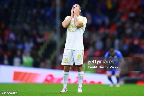 Jesus Dueñas of Tigres gestures during the 13th round match between Cruz Azul and Tigres UANL as part of the Torneo Grita Mexico A21 Liga MX at...