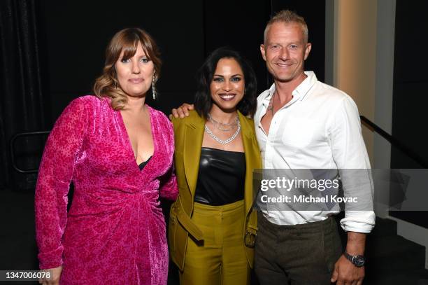 Rebecca Cutter, Monica Raymund, and James Badge Dale attend the 'Hightown' season 2 Los Angeles premiere event at Pacific Design Center on October...