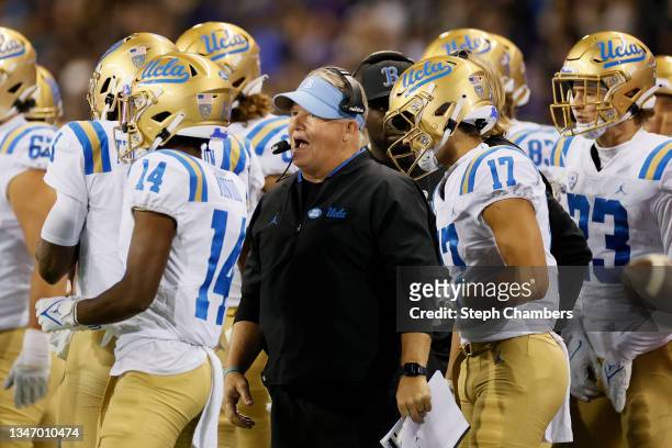 Head coach Chip Kelly of the UCLA Bruins looks on during the third quarter against the Washington Huskies at Husky Stadium on October 16, 2021 in...