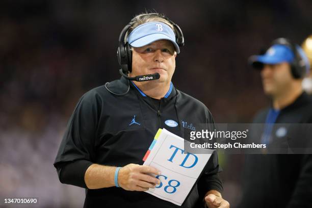 Head coach Chip Kelly of the UCLA Bruins looks on during the fourth quarter against the Washington Huskies at Husky Stadium on October 16, 2021 in...