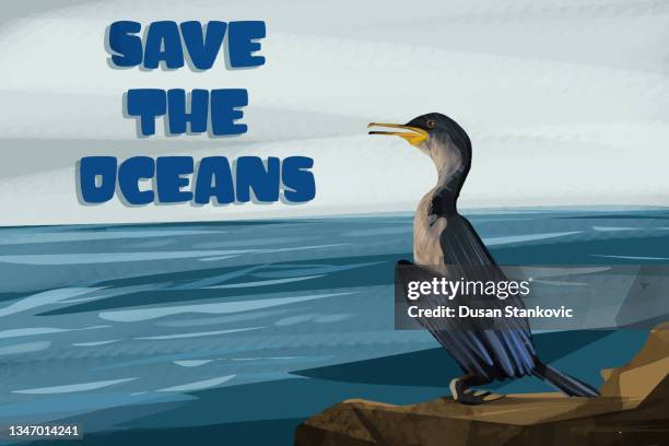 cormorant advises: save the oceans! - floating plastic bag stock illustrations