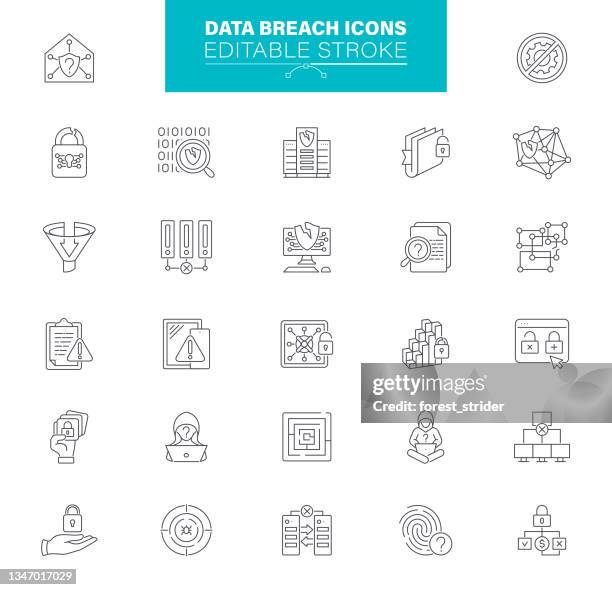 ilustrações, clipart, desenhos animados e ícones de ícones de violação de dados stroke editável. contém ícones como crimes cibernéticos, vírus de computador, malware, firewall violado, site vulnerável. ícones de contorno perfeitos do pixel - roubo corporativo