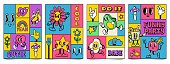 Mosaic trendy posters with funny crazy cartoon characters. Complementary doodle covers with retro comic faces and hands in gloves vector set