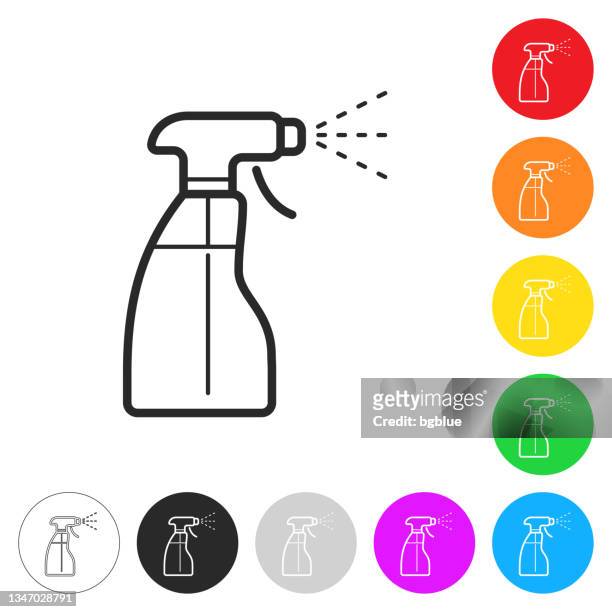 ilustraciones, imágenes clip art, dibujos animados e iconos de stock de botella de spray de limpieza. iconos planos en botones en diferentes colores - botella para rociar