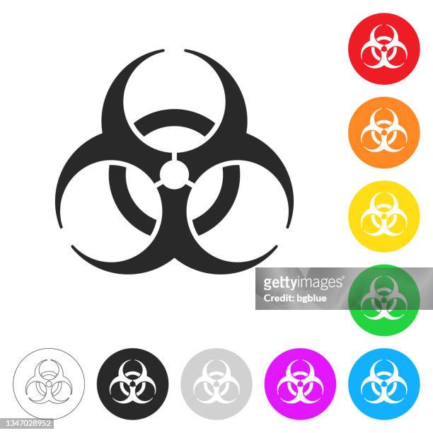 biological hazard symbol. flat icons on buttons in different colors - biochemical weapon stock illustrations