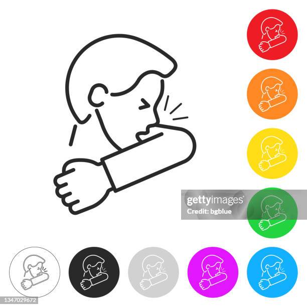 cough or sneeze into elbow. flat icons on buttons in different colors - cough or sneeze into elbow stock illustrations