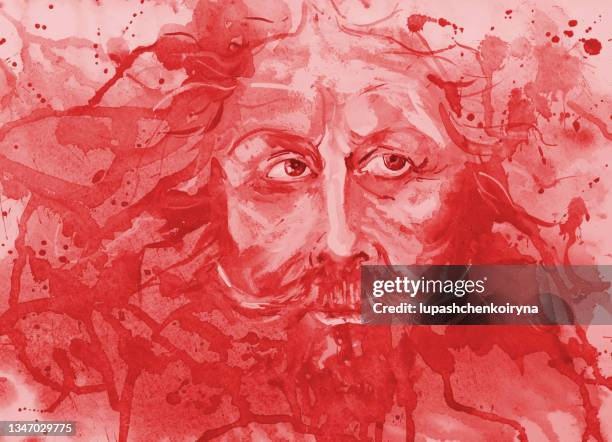 illustration drawing watercolor portrait of a man with long hair mustache and beard on the background of splashes of flowing watercolor in red shades - old man portrait stock illustrations