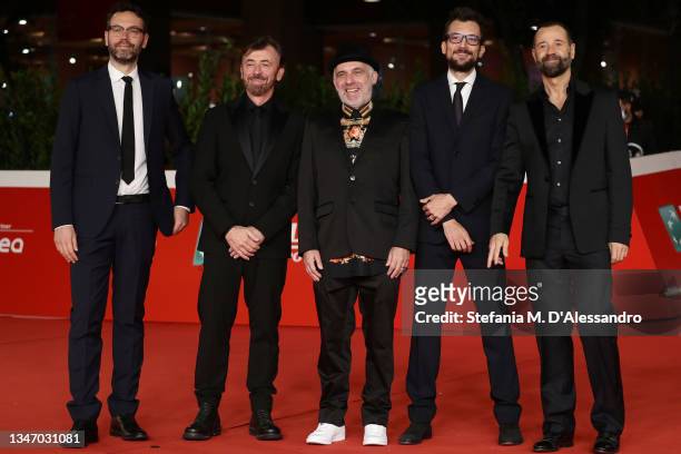 Stefano Camurri, Benny Benassi, Paul Sears, Cesare Della Salda and Fabio Volo attend the red carpet of the movie "Benny Benassi - Equilibrio" during...