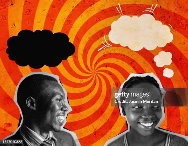 pop art young man and woman smiling and talking - backgrounds people stock-fotos und bilder