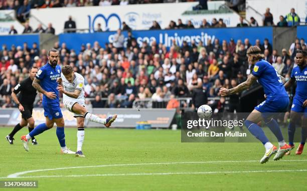 Jamie Paterson of Swansea City scores his sides first goal during the Sky Bet Championship match between Swansea City and Cardiff City at Swansea.com...