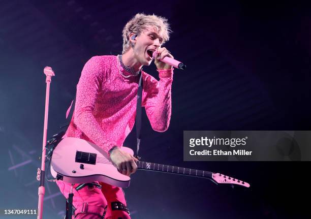 Recording artist Machine Gun Kelly performs during a stop of his Tickets to My Downfall tour at The Theater at Virgin Hotels Las Vegas on October 16,...