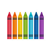 Set of crayons contains seven rainbow colors. Vector isolated illustration