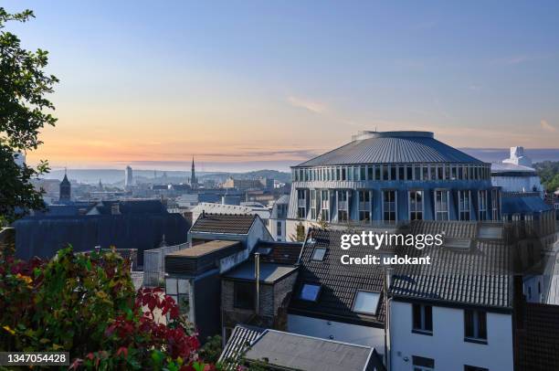 palace of justice in liège. aerial view. - justitia fictieve figuren stockfoto's en -beelden