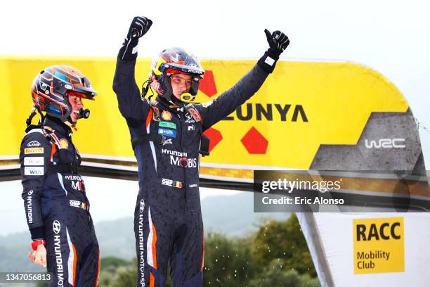 Thierry Neuville of Belgium and Martijn Wydaeghe of Belgium with the team Hyundai Shell Mobis WRT Hyundai i20 Coupe WRC celebrates the victory on...