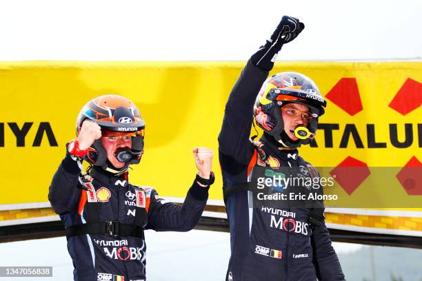 Thierry Neuville of Belgium and Martijn Wydaeghe of Belgium with the team Hyundai Shell Mobis WRT Hyundai i20 Coupe WRC celebrates the victory on...