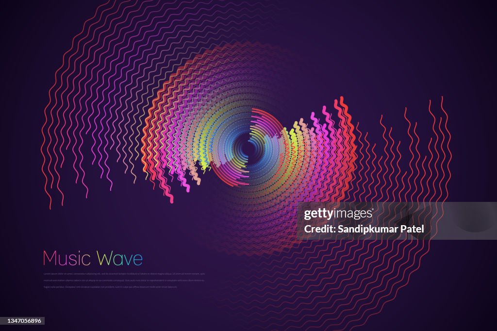 Radial sound wave curve with light particles. Colorful equalizer. Abstract colorful cover for music poster and banner.