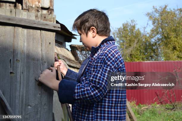 a teenage boy entering barn. - damaged fence stock pictures, royalty-free photos & images