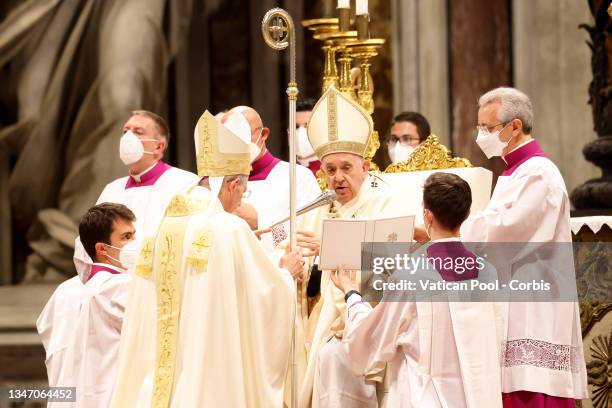 Pope Francis leads an episcopal ordination mass at St. Peter's Basilica on October 17, 2021 in Vatican City, Vatican. Pope Francis ordained new...