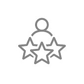 Man and three stars, rating line icon. User reviews, feedback, add to favorites, quality control symbol