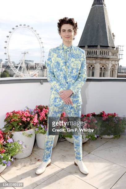 Timothée Chalamet attends the Dune Photocall in London ahead of the film's release on 21st October in central London on October 17, 2021 in London,...