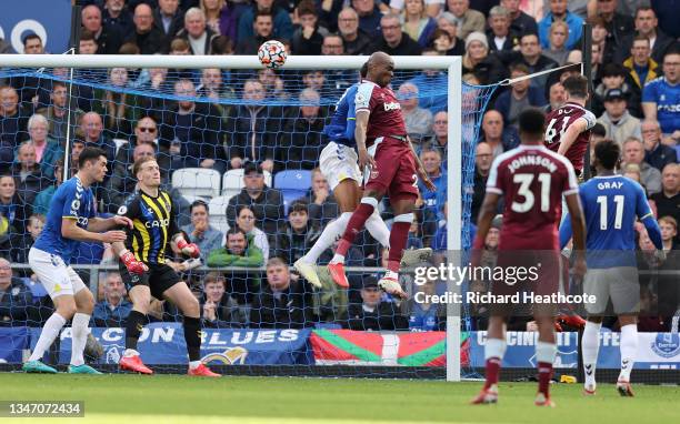 Angelo Ogbonna of West Ham United scores their side's first goal during the Premier League match between Everton and West Ham United at Goodison Park...