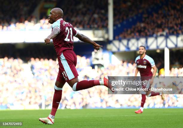 Angelo Ogbonna of West Ham United celebrates scoring his teams first goal during the Premier League match between Everton and West Ham United at...