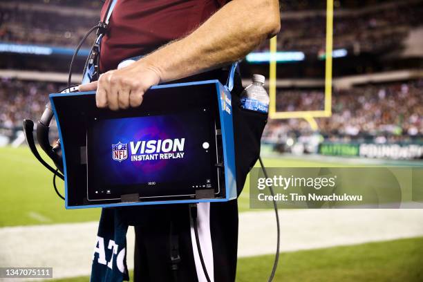 An instant replay monitor is seen during a game between the Philadelphia Eagles and the Tampa Bay Buccaneers at Lincoln Financial Field on October...