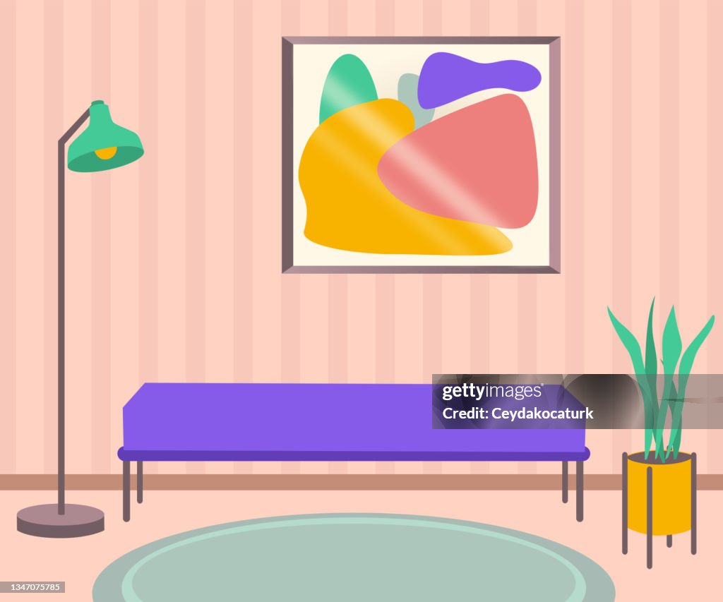 Waiting room with bench, floor lamp, potted plant and picture frame