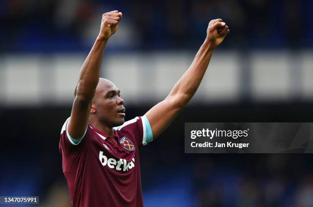 Angelo Ogbonna of West Ham United celebrates their side's victory after the Premier League match between Everton and West Ham United at Goodison Park...