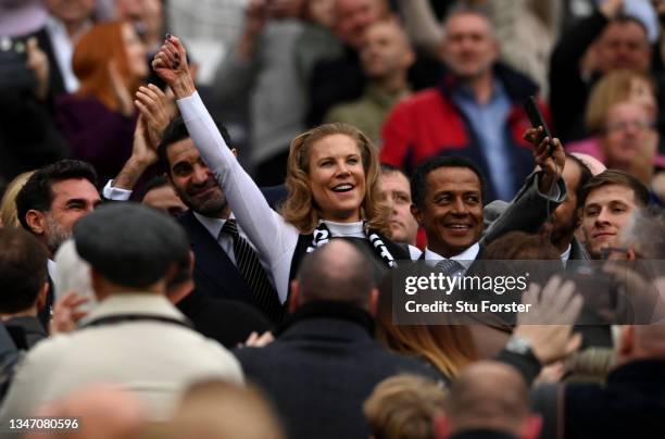 Amanda Staveley, Part-Owner of Newcastle United smiles as they are introduced to the fans prior to the Premier League match between Newcastle United...