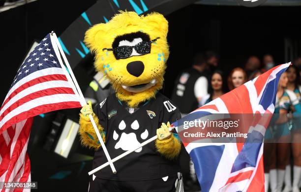 The Jacksonville Jaguars mascot is seen during the NFL London 2021 match between Miami Dolphins and Jacksonville Jaguars at Tottenham Hotspur Stadium...