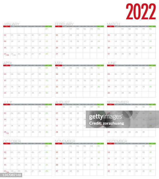 calendar 2022 - 12 months (arranged sunday to saturday) - 2021 12 month calendar stock illustrations