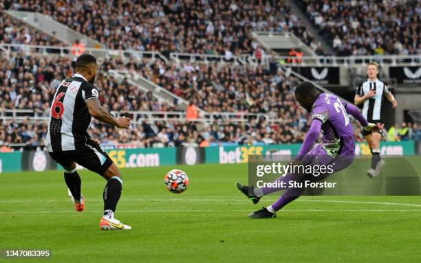 Tanguy Ndombele of Tottenham Hotspur scores their side's first goal during the Premier League match between Newcastle United and Tottenham Hotspur at...