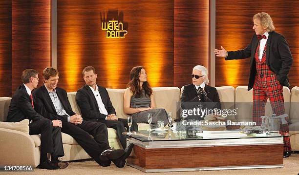 Guenther Jauch, Dirk Nowitzki, Til Schweiger, Jessica Biel, Karl Lagerfeld and Thomas Gottschalk talkd during the 199th "Wetten dass...?" show at the...