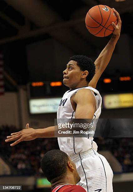 Jeremy Lamb of the Connecticut Huskies scores a basket against the Arkansas Razorbacks in the first half on December 3, 2011 at the XL Center in...