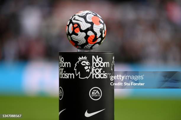 Detailed view of the Nike Strike Aerowsculpt Official Premier League match ball is seen on a No Room for Racism plinth prior to the Premier League...