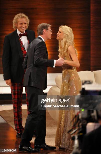 Michelle Hunziker, Guenther Jauch and Thomas Gottschalk attend the 199th "Wetten dass...?" show at the Rothaus Hall on December 3, 2011 in...