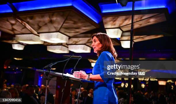 Woodbury, N.Y. Governor of the State of New York, Kathy Hochul addresses attendees at the Nassau County Democratic Party's Annual Fall Dinner, on the...