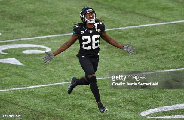 Shaquill Griffin of the Jacksonville Jaguars reacts during the NFL London 2021 match between Miami Dolphins and Jacksonville Jaguars at Tottenham...