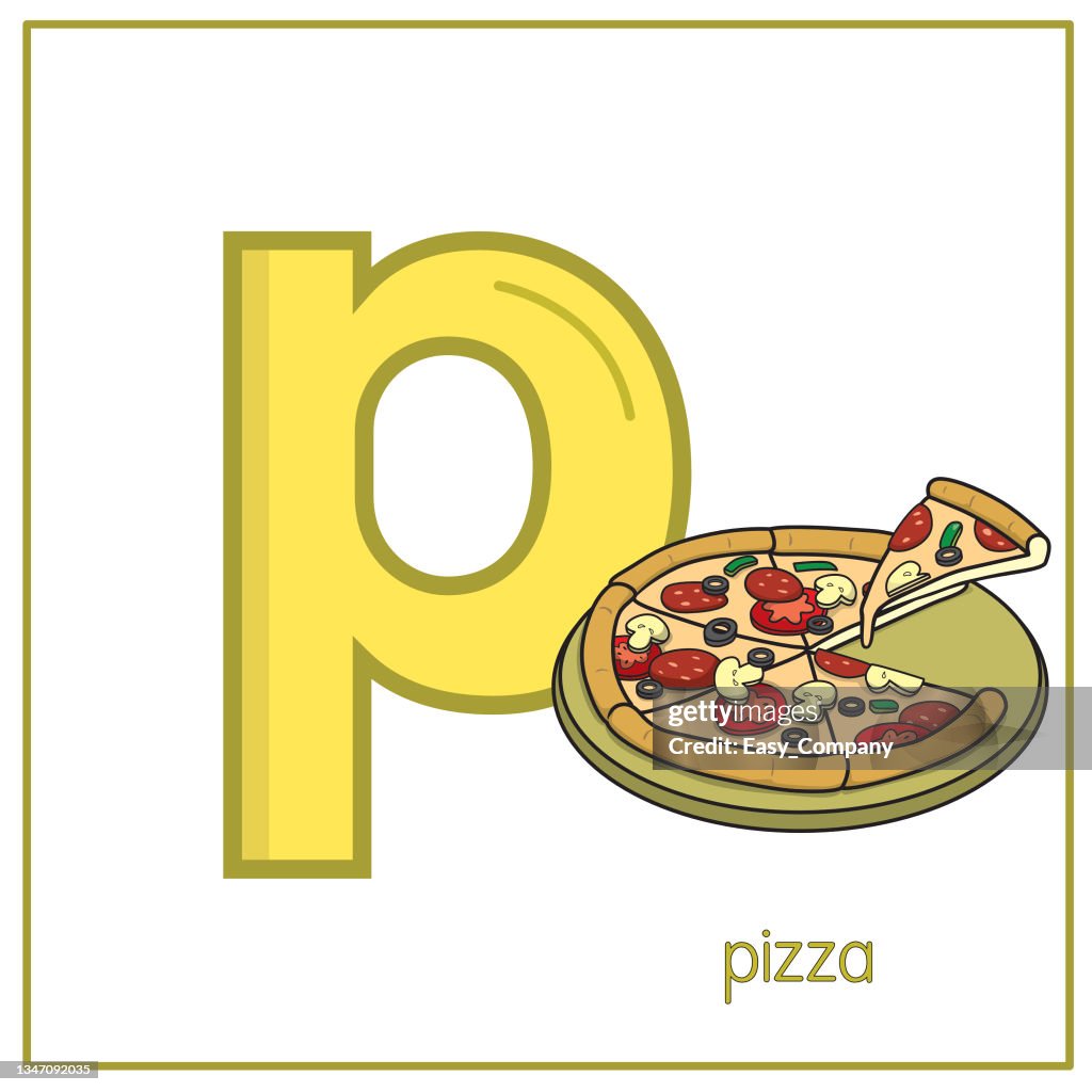 Vector illustration of Pizza with alphabet letter P Lower case for children learning practice ABC