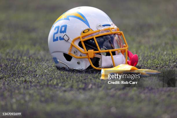 Detailed view of the helmet of Mark Webb Jr. #29 of the Los Angeles Chargers prior to the game against the Baltimore Ravens at M&T Bank Stadium on...