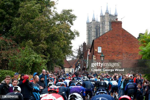 Riders climb Michaelgate hill during the Men's HSBC UK National Road Championships on October 17, 2021 in Lincoln, England.