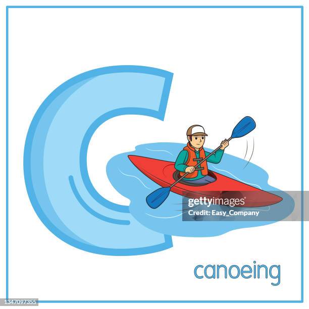 vector illustration of canoeing with alphabet letter c lower case  for children learning practice abc - people on canoe clip art stock illustrations