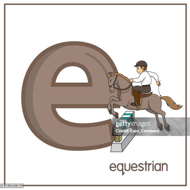 vector illustration of equestrian with alphabet letter e lower case for children learning practice abc - horse race jockey isolated stock illustrations
