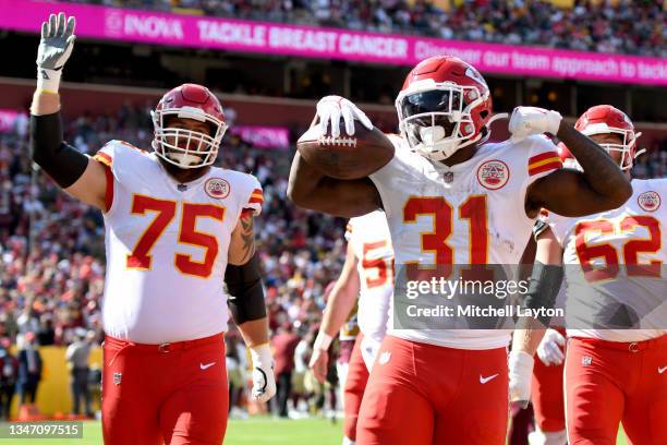 Darrel Williams of the Kansas City Chiefs celebrates his touchdown in the first quarter against the Washington Football Team at FedExField on October...