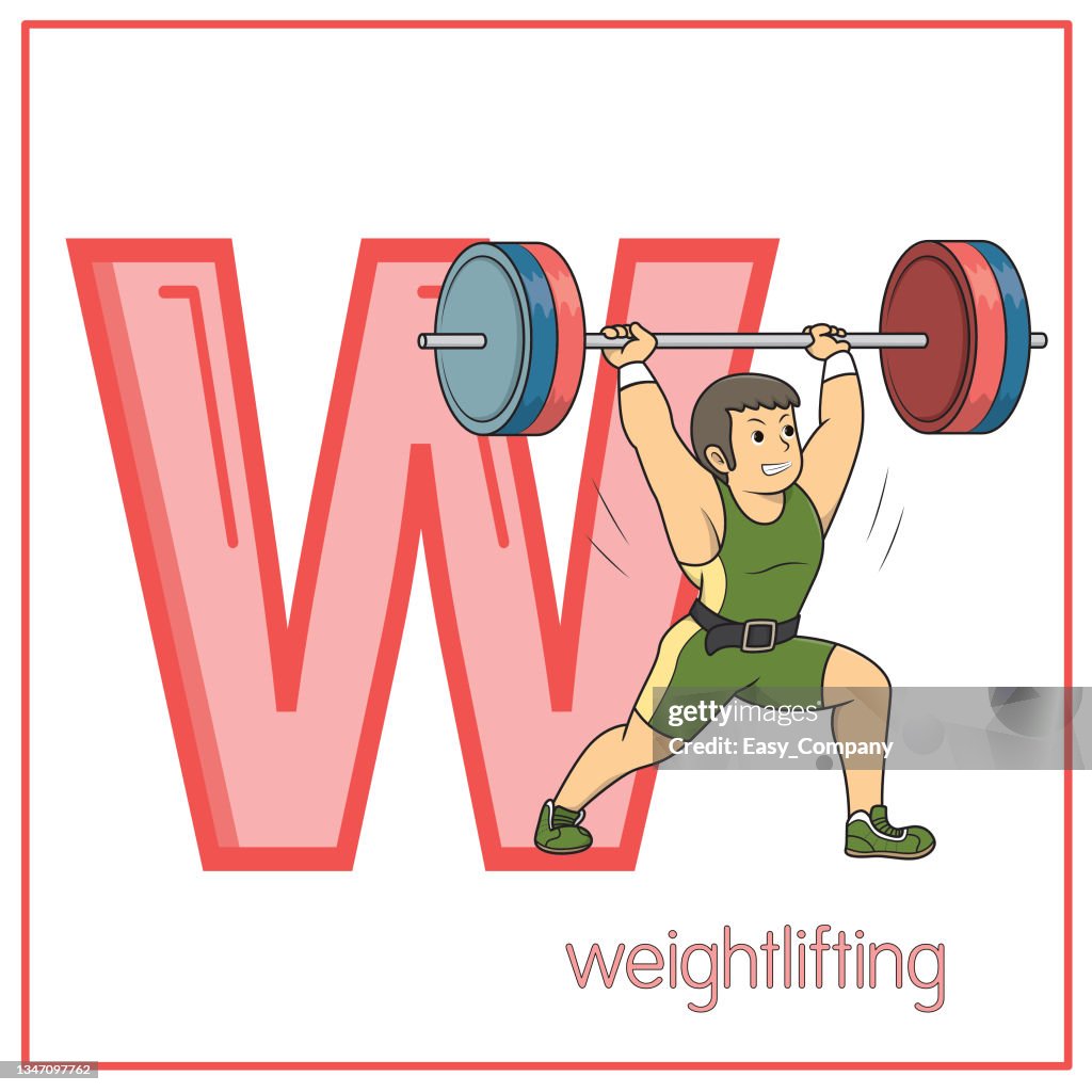 Vector illustration of Weightlifting with alphabet letter W Lower case for children learning practice ABC