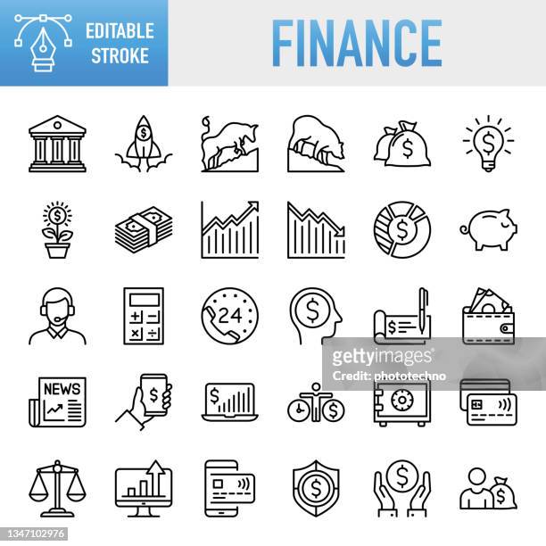 finance icons collection - thin line vector icon set. pixel perfect. editable stroke. for mobile and web. the set contains icons: finance, saving money, bank, banking, capital, financial control, money  management, investment - business strategy stock illustrations
