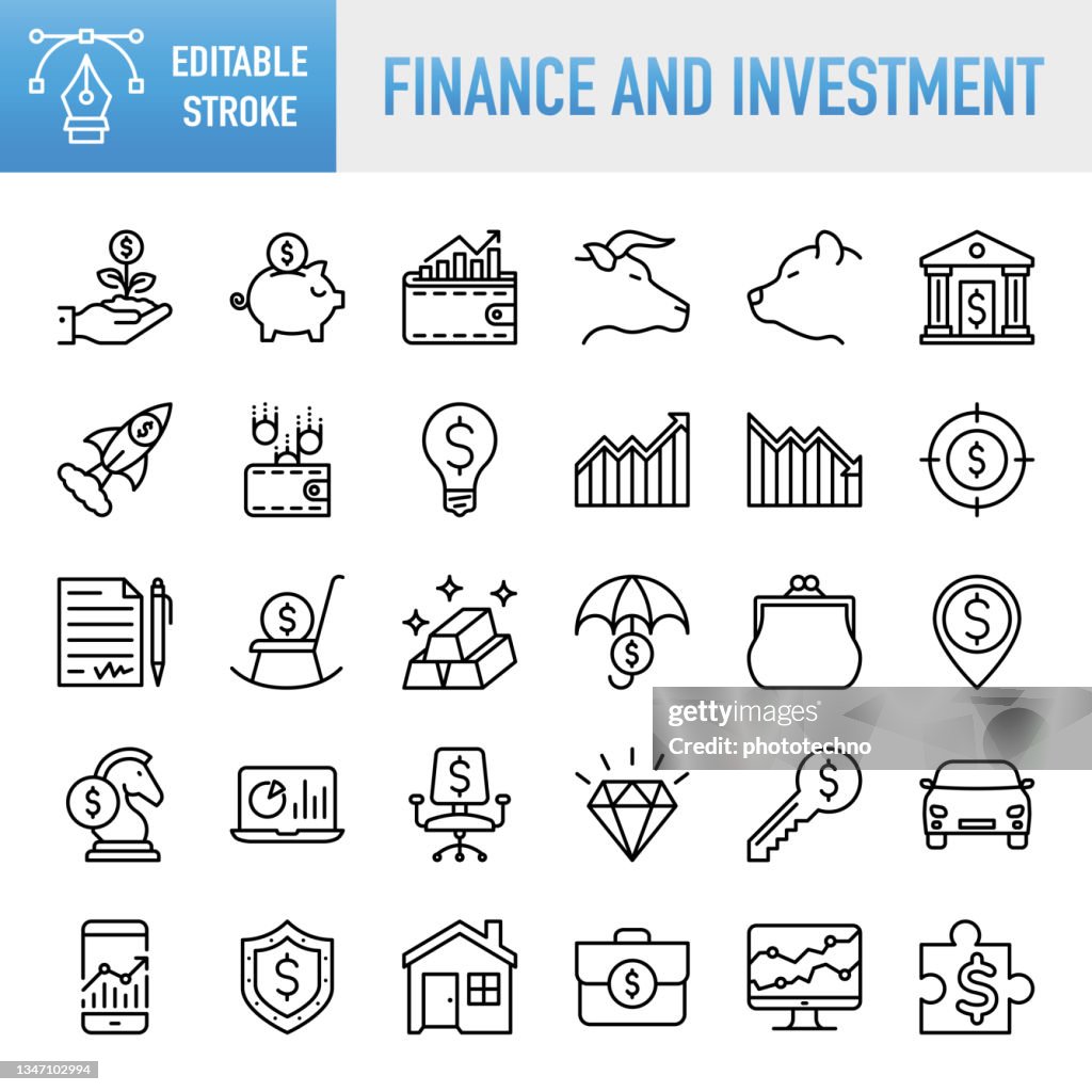 Finance and Investment Icons Collection - Vektorsymbolsatz mit dünner Linie. Pixel perfekt. Bearbeitbarer Kontur. Für Mobile und Web. Das Set enthält Symbole: Finanzen, Geld sparen, Bank, Banken, Kapital, Finanzkontrolle, Geldmanagement, Investition