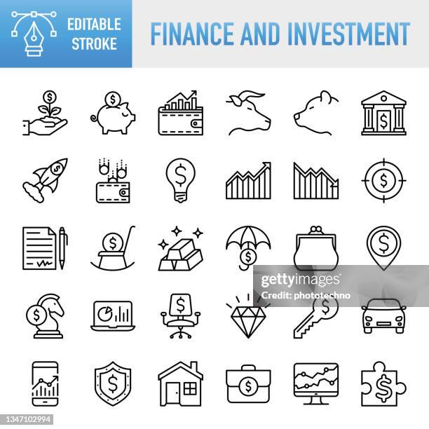 finance and investment icons collection - thin line vector icon set. pixel perfect. editable stroke. for mobile and web. the set contains icons: finance, saving money, bank, banking, capital, financial control, money  management, investment - icon set 幅插畫檔、美工圖案、卡通及圖標