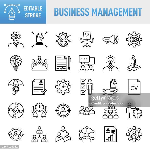 modern universal business management line icon set - dünne linie vektor icon set. pixel perfekt. bearbeitbarer kontur. für mobile und web. das set enthält symbole: business, strategie, management, ziel, ziel, führung, teamarbeit, arbeitsgruppe, mensch - geschäftsstrategie stock-grafiken, -clipart, -cartoons und -symbole